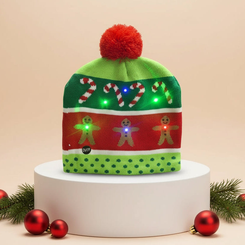 LED Christmas Woolen ginger breadman Cap with 4 Light Modes & 6 Built-in LEDs