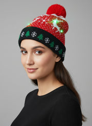 LED Christmas Woolen Beanie Cap – Red & White – 6 Built-in LEDs, 4 Light Modes, Free Size