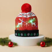LED Christmas Woolen Beanie Cap – Red & White – 6 Built-in LEDs, 4 Light Modes, Free Size