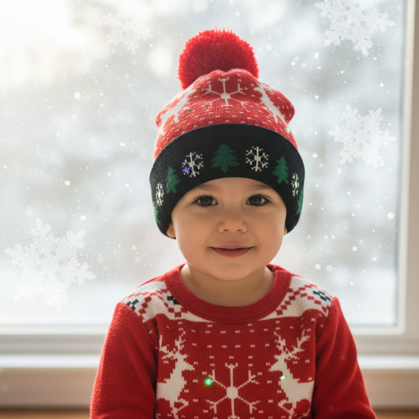 LED Christmas Woolen Beanie Cap – Red & White – 6 Built-in LEDs, 4 Light Modes, Free Size