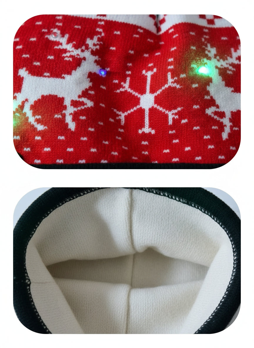 LED Christmas Woolen Beanie Cap – Red & White – 6 Built-in LEDs, 4 Light Modes, Free Size