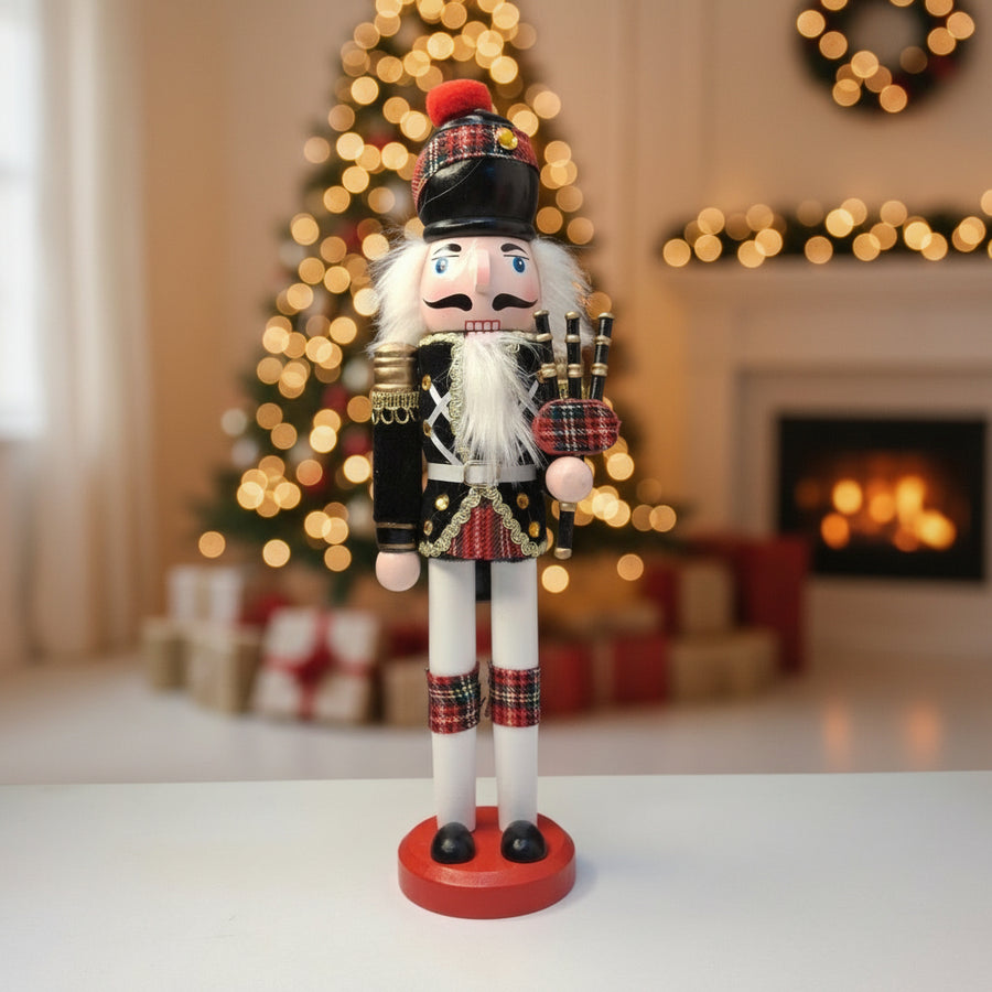 Coral Tree 12inch Scottish Bagpiper Nutcracker – Wooden Black & Red Tartan Figurine