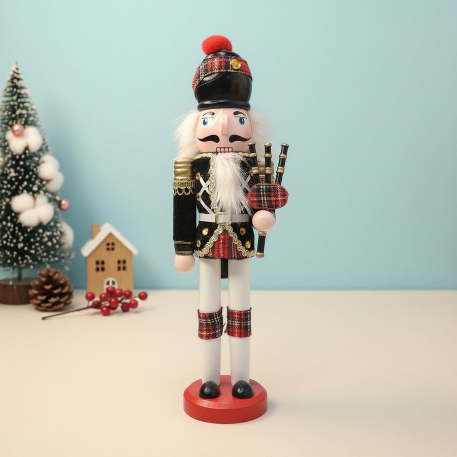 Coral Tree 12inch Scottish Bagpiper Nutcracker – Wooden Black & Red Tartan Figurine