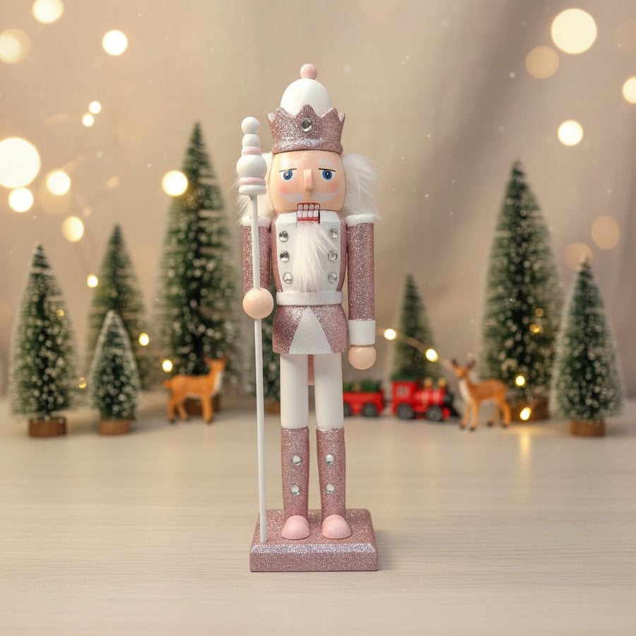 Coral Tree 12inch Pink Glitter King Nutcracker – Wooden Christmas Figurine