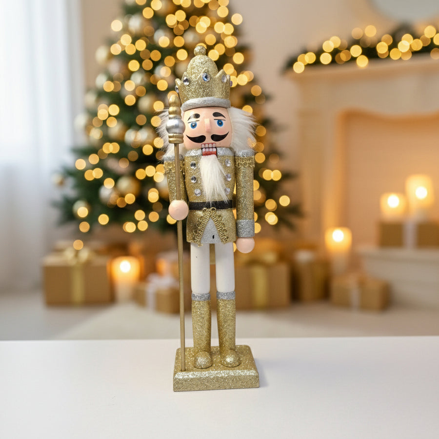 Coral Tree 12” Golden King Nutcracker – Wooden Glitter Christmas Figurine