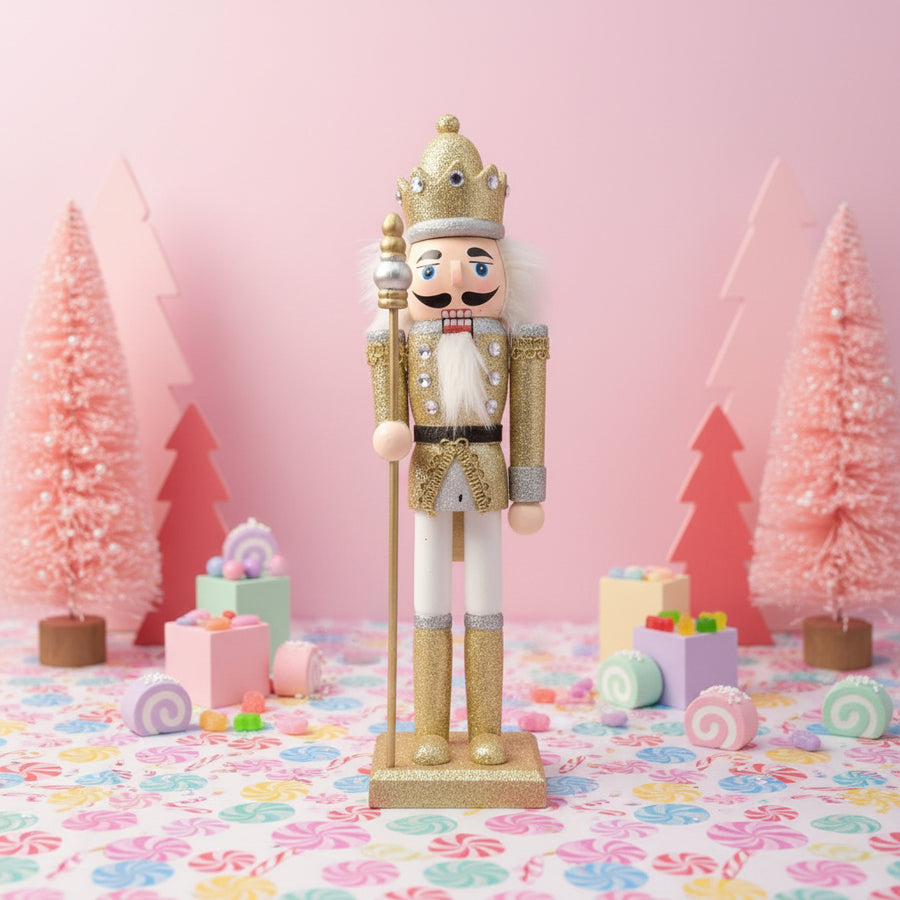 Coral Tree 12” Golden King Nutcracker – Wooden Glitter Christmas Figurine