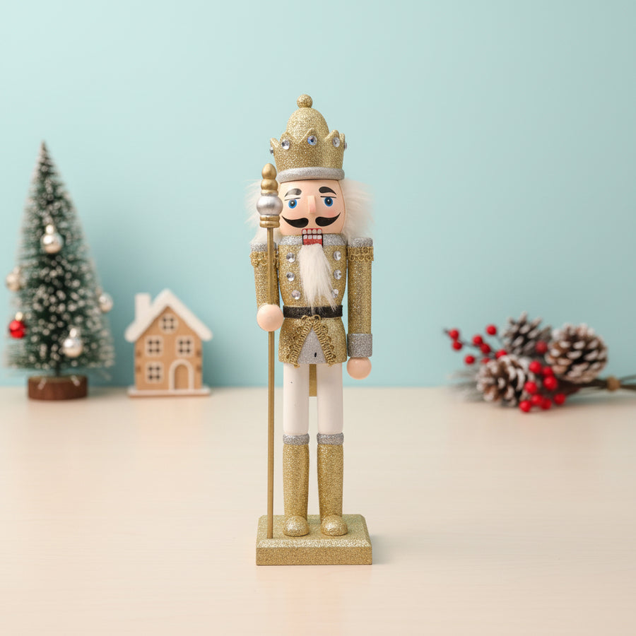 Coral Tree 12” Golden King Nutcracker – Wooden Glitter Christmas Figurine