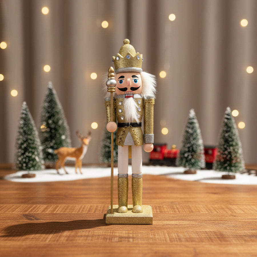 Coral Tree 12” Golden King Nutcracker – Wooden Glitter Christmas Figurine