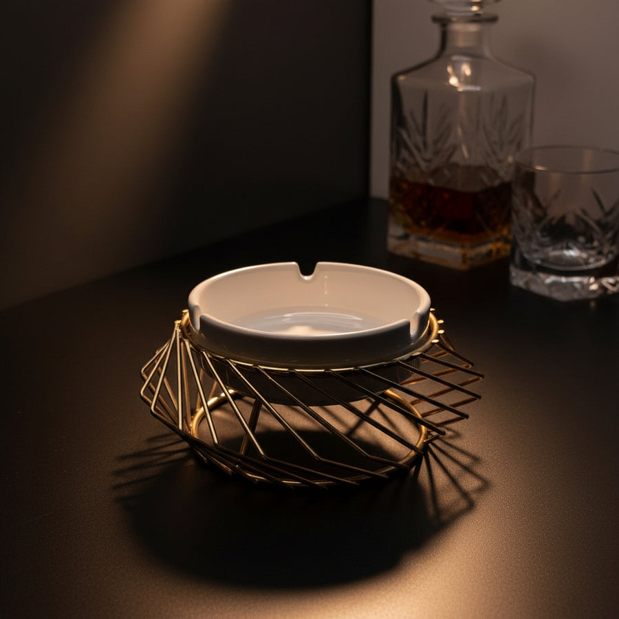 Coral Tree Ceramic Ashtray with Golden Metal Holder – Modern Tabletop Ashtray for Home, Office & Café Decor