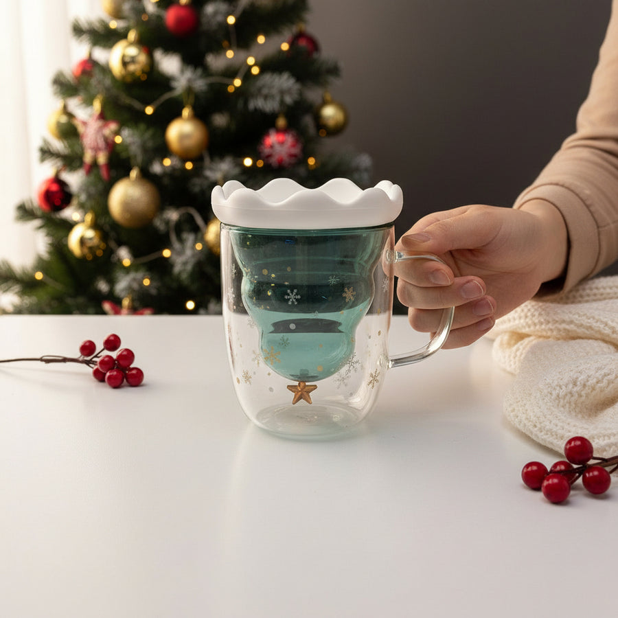 Coral Tree Double-Wall Christmas Mug with Snow Lid – 300ml Holiday Glass Cup with Inner Christmas Tree Design