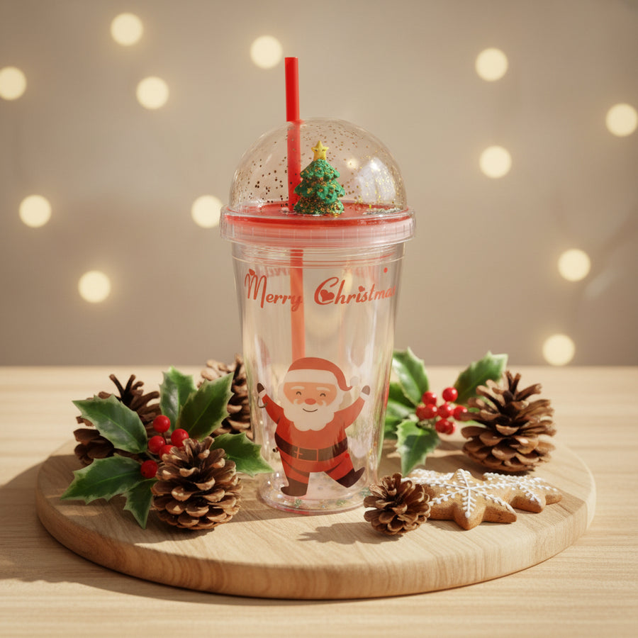 Christmas Santa Glitter Tumbler with Dome Lid & Straw – 20.5 cm