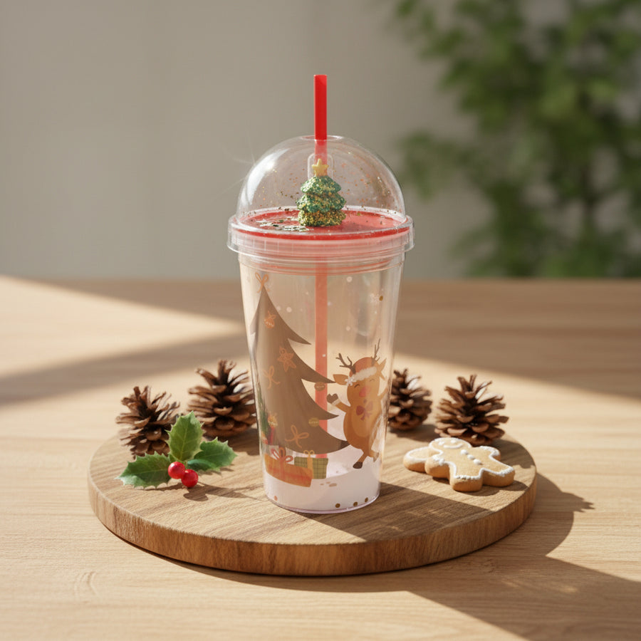Christmas Santa Glitter Tumbler with Dome Lid & Straw – 20.5 cm