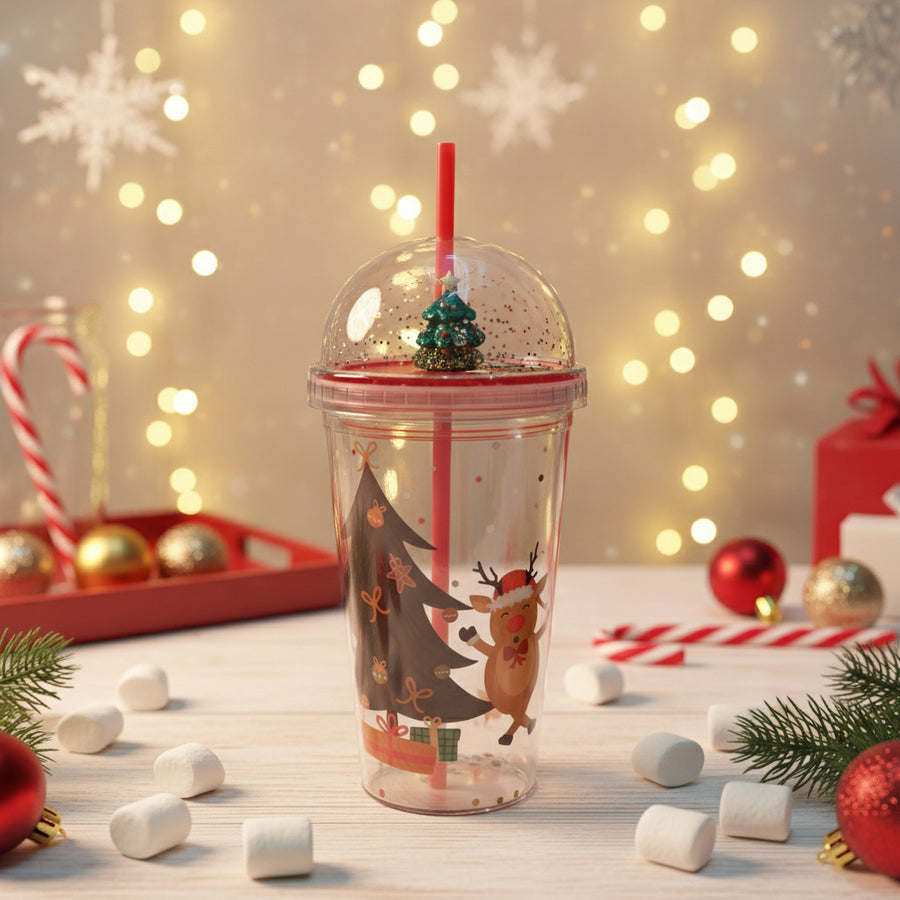 Christmas Santa Glitter Tumbler with Dome Lid & Straw – 20.5 cm