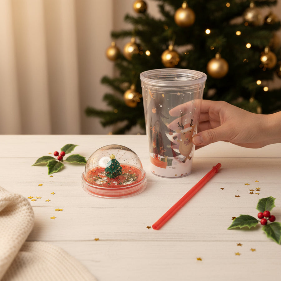 Christmas Santa Glitter Tumbler with Dome Lid & Straw – 20.5 cm