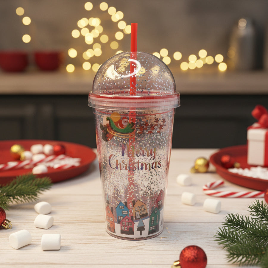 Christmas Santa Glitter Tumbler with Dome Lid & Straw – 20.5 cm