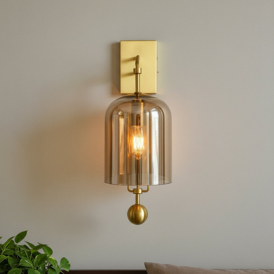Amber Glass Wall Light with Brass Finish – Modern Decorative Wall Sconce
