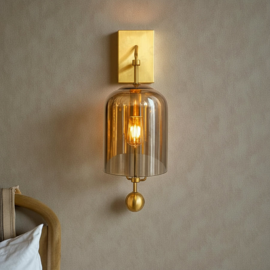 Amber Glass Wall Light with Brass Finish – Modern Decorative Wall Sconce
