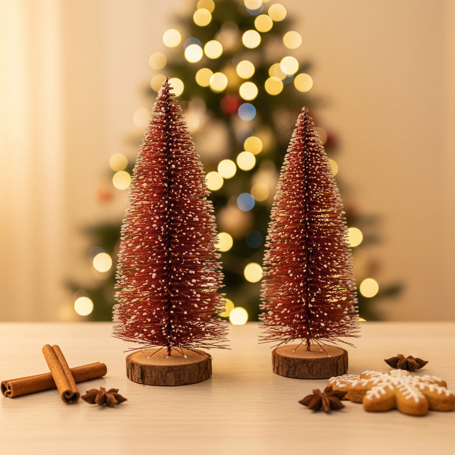 Set of 2 Mini Bottle Brush Christmas Trees – Red (Snow Frosted)