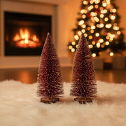 Set of 2 Mini Bottle Brush Christmas Trees – Red (Snow Frosted)