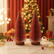 Set of 2 Mini Bottle Brush Christmas Trees – Red (Snow Frosted)