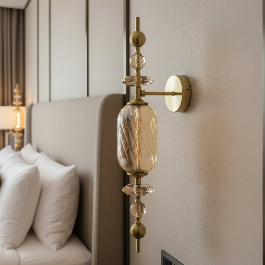 Luxury Amber Glass Integrated LED Wall Light with Crystal Accents – Antique Brass Finish