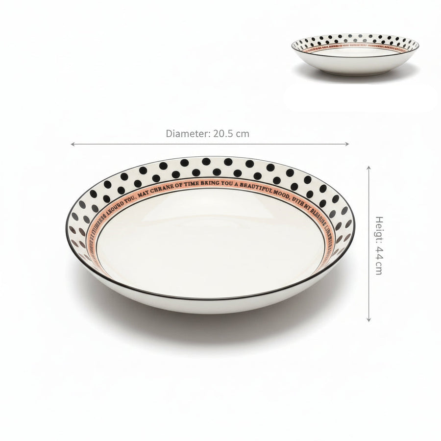 Ceramic Serving Bowl with Polka Dot Rim & Printed Quote | Modern Pasta, Salad & Snack Bowl for Dining, Kitchen & Gifting