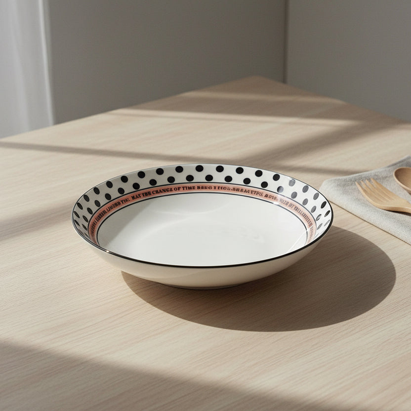 Ceramic Serving Bowl with Polka Dot Rim & Printed Quote | Modern Pasta, Salad & Snack Bowl for Dining, Kitchen & Gifting