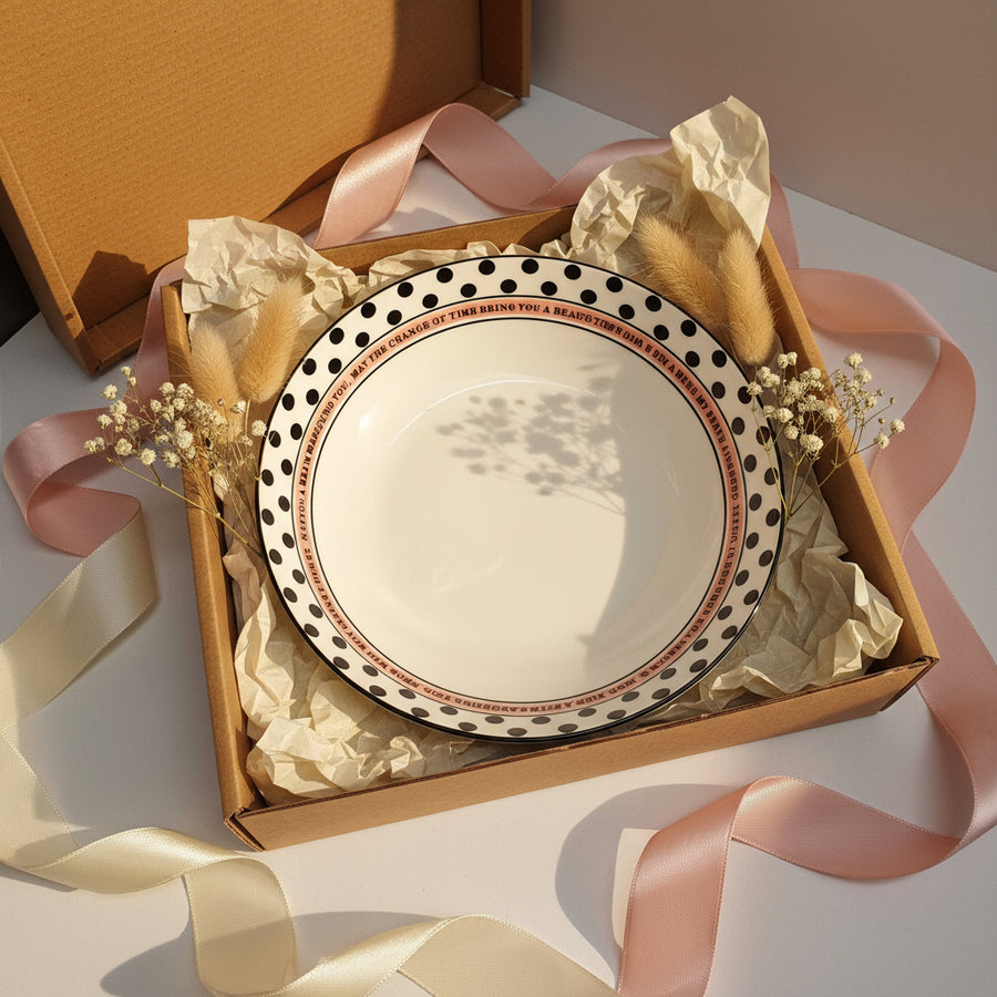 Ceramic Serving Bowl with Polka Dot Rim & Printed Quote | Modern Pasta, Salad & Snack Bowl for Dining, Kitchen & Gifting