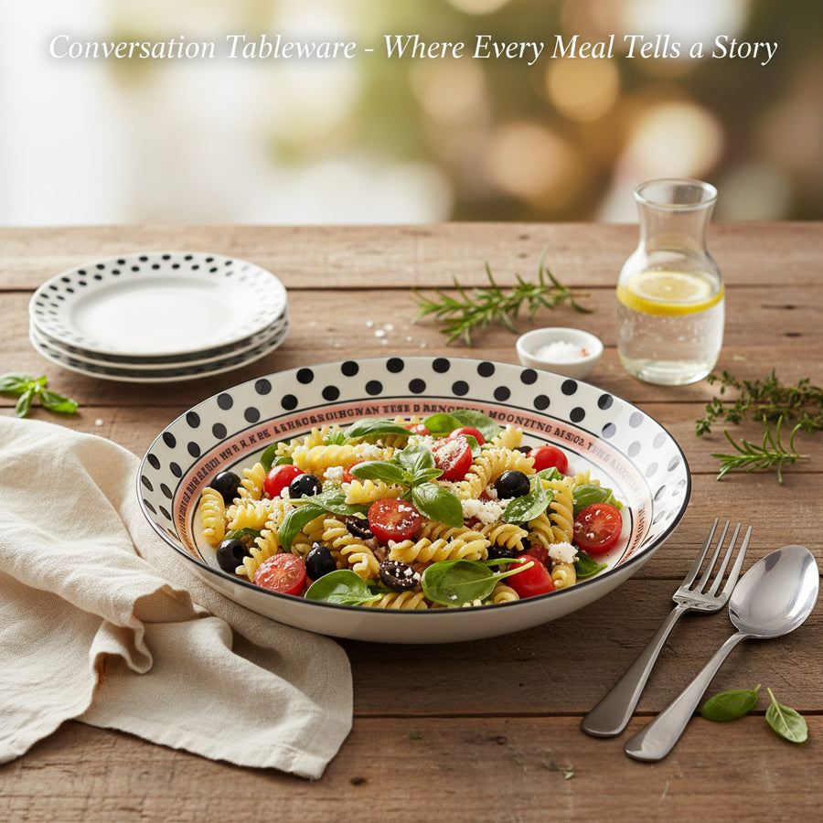 Ceramic Serving Bowl with Polka Dot Rim & Printed Quote | Modern Pasta, Salad & Snack Bowl for Dining, Kitchen & Gifting