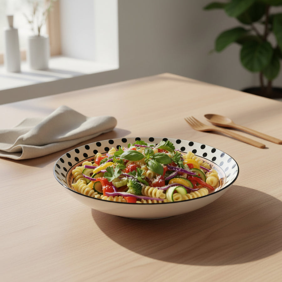 Ceramic Serving Bowl with Polka Dot Rim & Printed Quote | Modern Pasta, Salad & Snack Bowl for Dining, Kitchen & Gifting