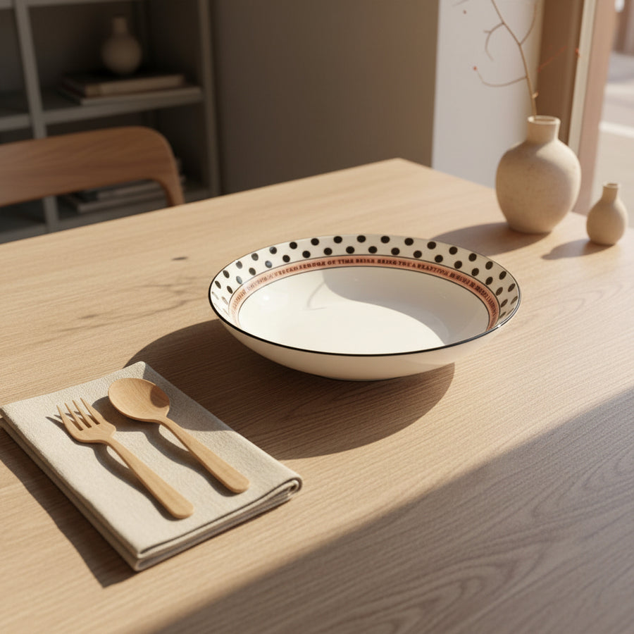 Ceramic Serving Bowl with Polka Dot Rim & Printed Quote | Modern Pasta, Salad & Snack Bowl for Dining, Kitchen & Gifting