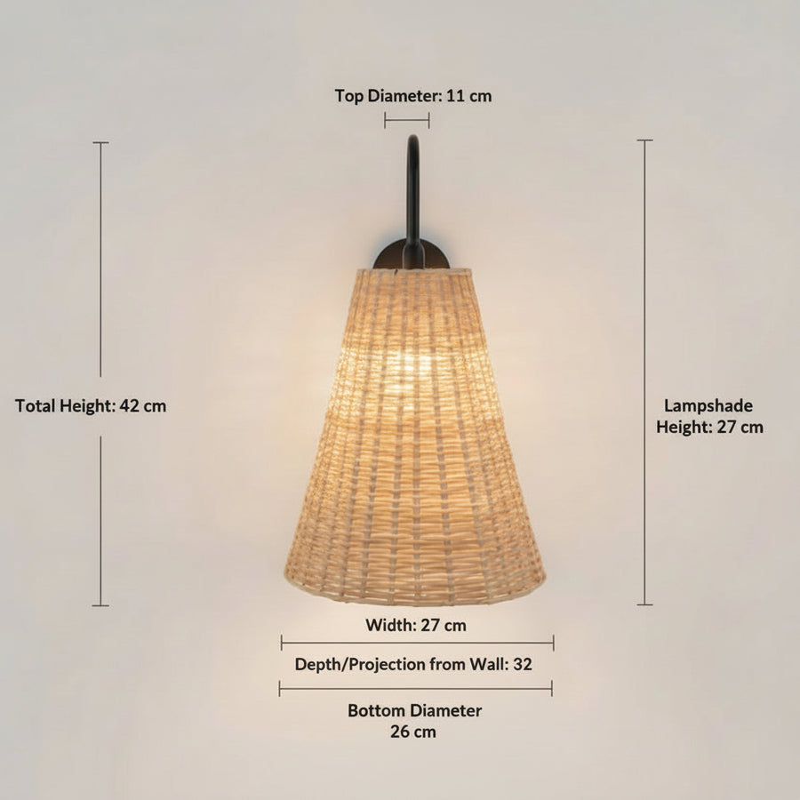 Handwoven Rattan Wall Light with Matte Black Arm – Warm Ambient Sconce