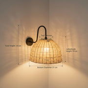 Handwoven Rattan Dome Wall Light – Wide Natural Beige Shade with Matte Black Arm