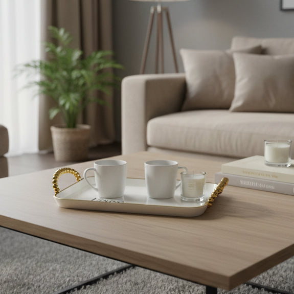 set of 3 off- White & Gold Rectangular Serving Tray