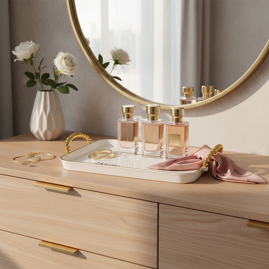 set of 3 off- White & Gold Rectangular Serving Tray