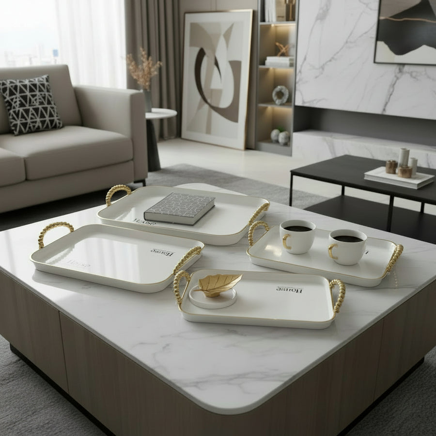 set of 3 off- White & Gold Rectangular Serving Tray