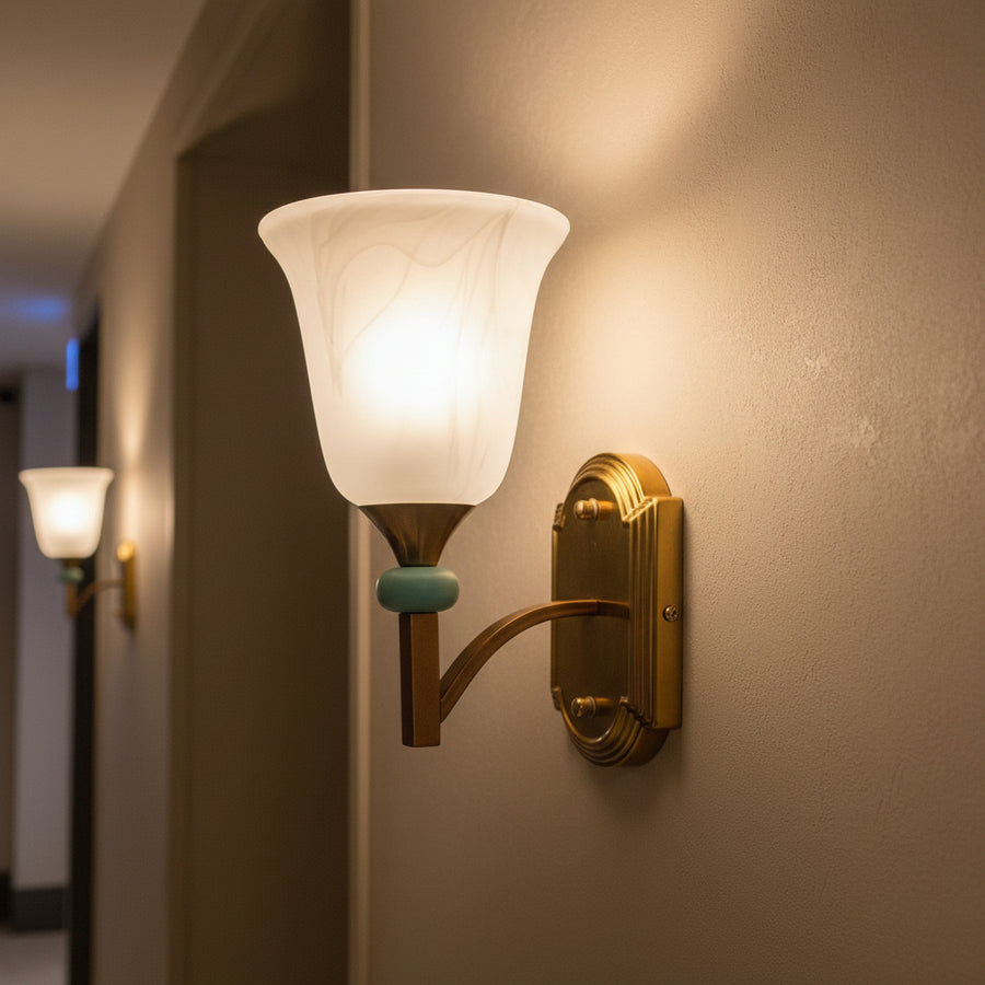 Brass Wall Light with Frosted Glass Shade | Modern Heritage Wall Sconce with Mint Accent