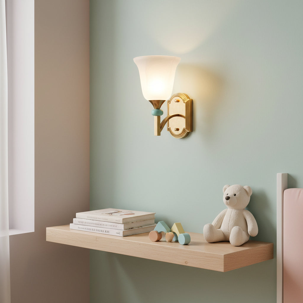 Brass Wall Light with Frosted Glass Shade | Modern Heritage Wall Sconce with Mint Accent