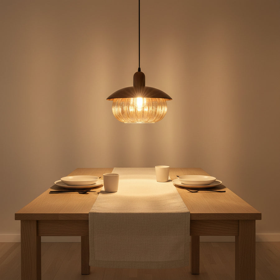 Metal & Ribbed Glass Pendant Light | 32 cm Modern Hanging Ceiling Lamp with Adjustable 80 cm Height