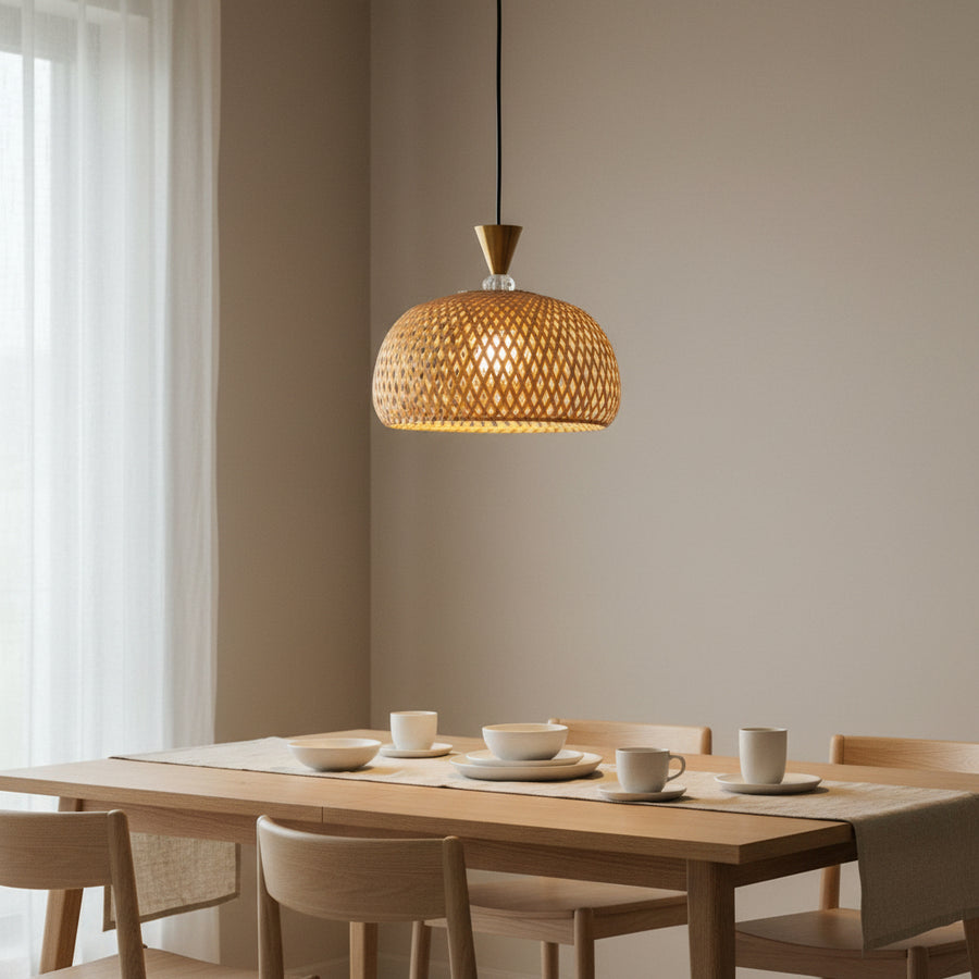 Handwoven Cane Pendant Light | 30 cm Natural Rattan Hanging Lamp | Adjustable 80 cm Height