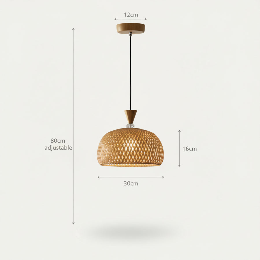 Handwoven Cane Pendant Light | 30 cm Natural Rattan Hanging Lamp | Adjustable 80 cm Height