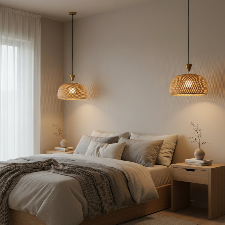 Handwoven Cane Pendant Light | 30 cm Natural Rattan Hanging Lamp | Adjustable 80 cm Height