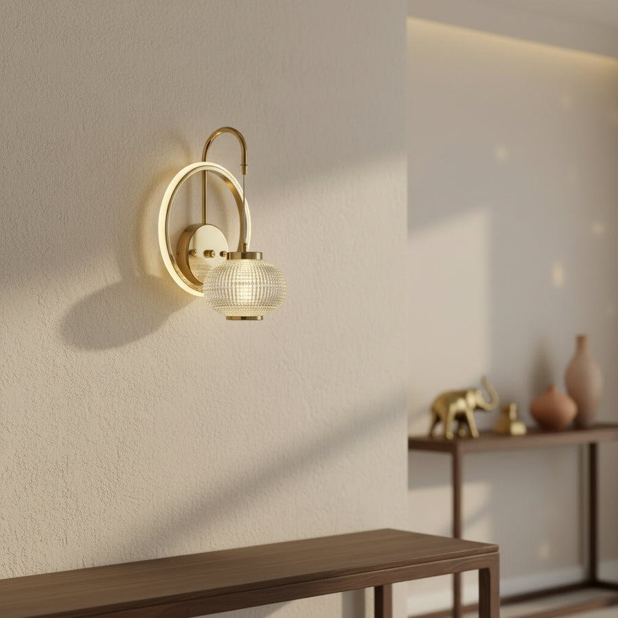 Modern LED Ring Wall Light with Crystal Globe | Warm White | Premium Gold Finish
