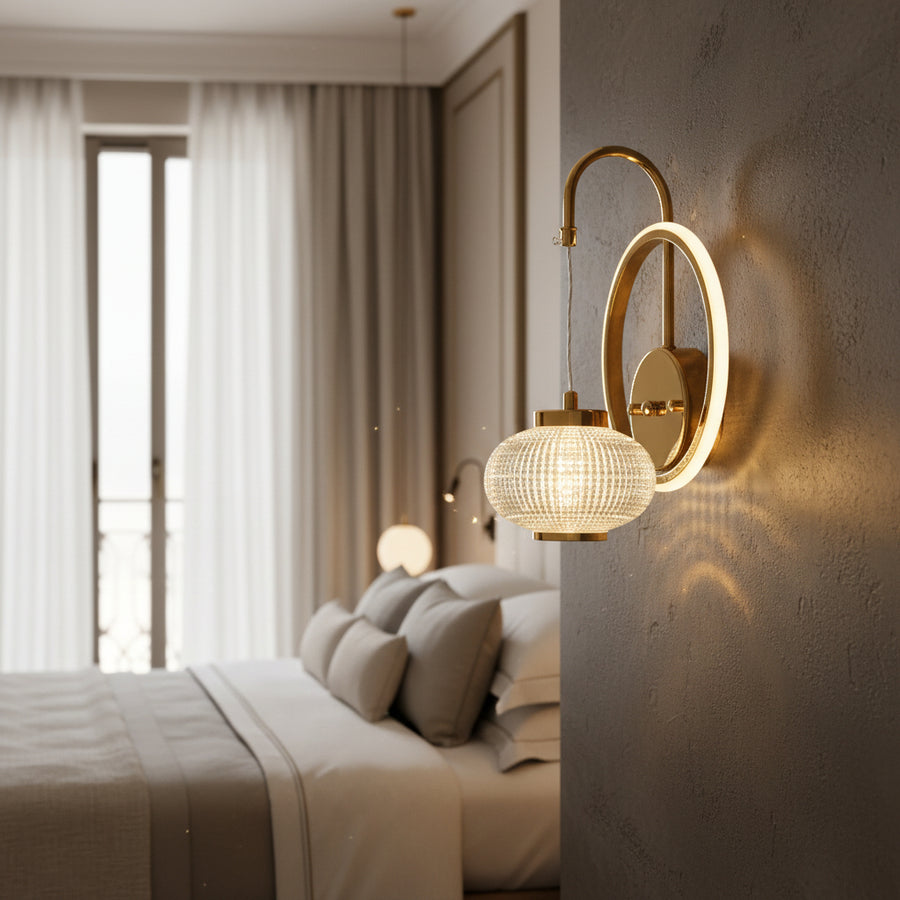 Modern LED Ring Wall Light with Crystal Globe | Warm White | Premium Gold Finish