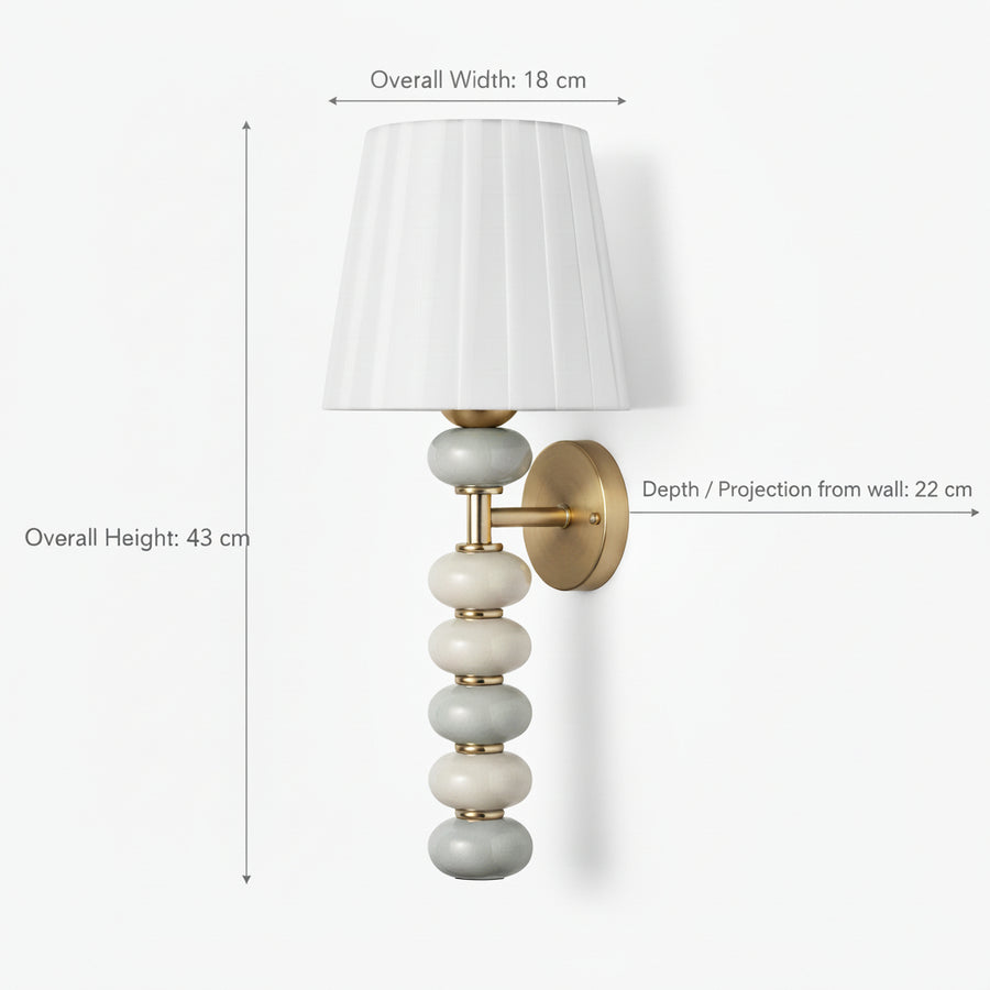 Ceramic Bead Wall Light | 43 cm Decorative Wall Sconce with Fabric Shade | Antique Brass Finish | E27 Holder