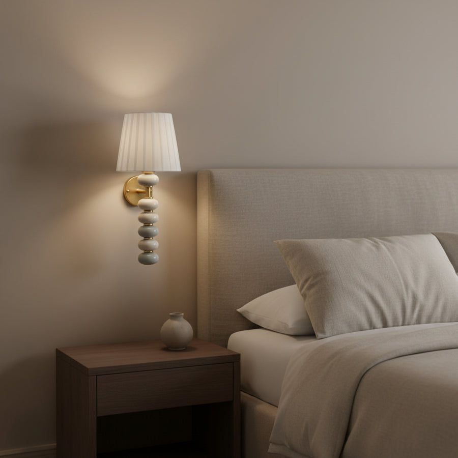 Ceramic Bead Wall Light | 43 cm Decorative Wall Sconce with Fabric Shade | Antique Brass Finish | E27 Holder