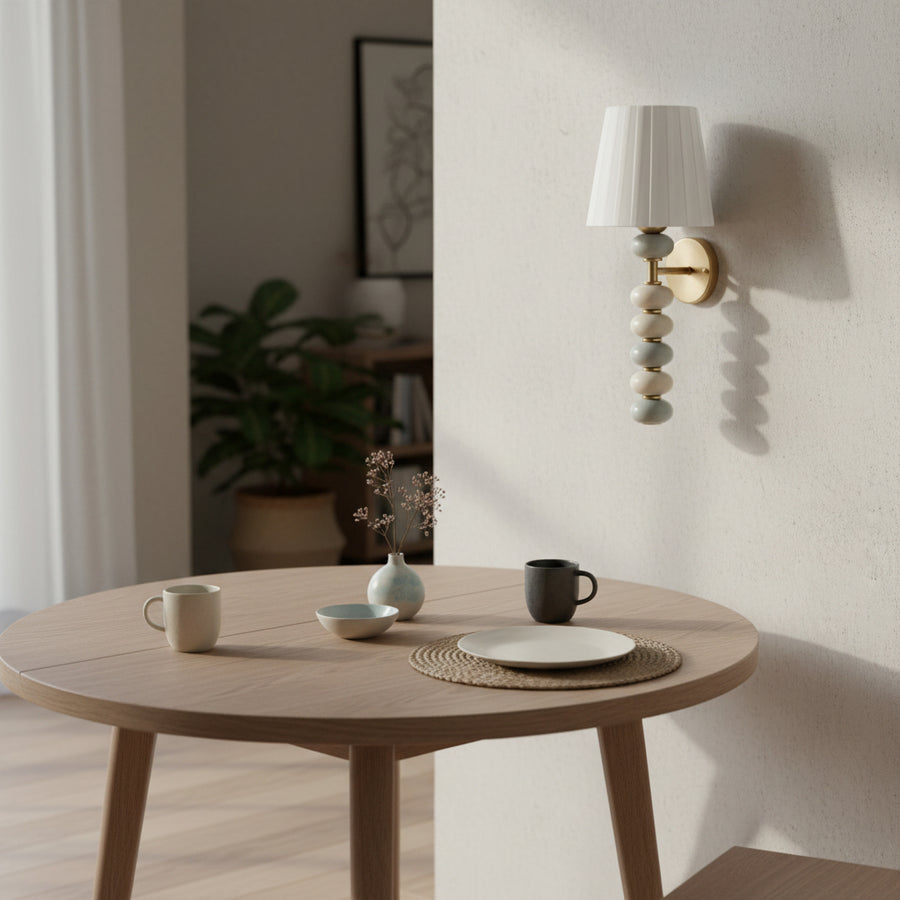 Ceramic Bead Wall Light | 43 cm Decorative Wall Sconce with Fabric Shade | Antique Brass Finish | E27 Holder