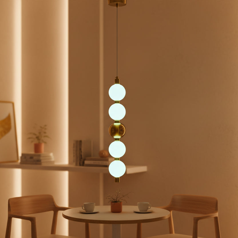Modern Globe Pendant Light | 5-Ball Frosted Glass Hanging Lamp | Brass Finish | 3-Color LED