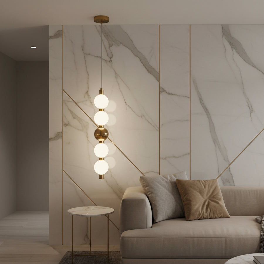 Modern Globe Pendant Light | 5-Ball Frosted Glass Hanging Lamp | Brass Finish | 3-Color LED