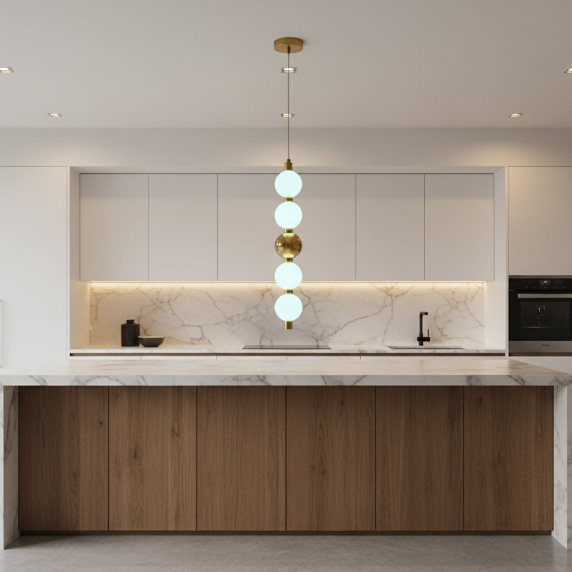 Modern Globe Pendant Light | 5-Ball Frosted Glass Hanging Lamp | Brass Finish | 3-Color LED